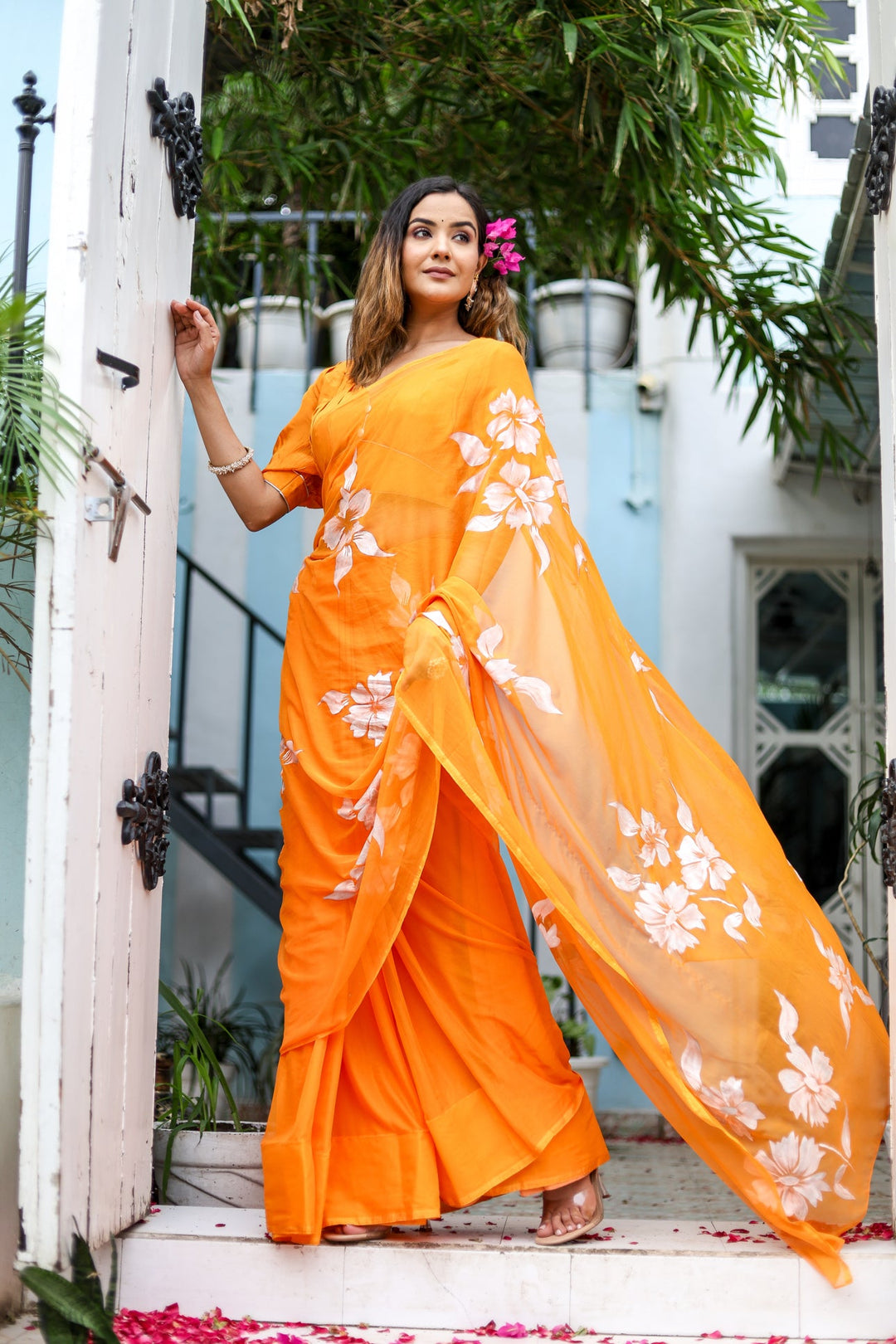 Sunshine Orange Chiffon Saree with White Floral Print | Lightweight Designer Saree with Blouse Piece