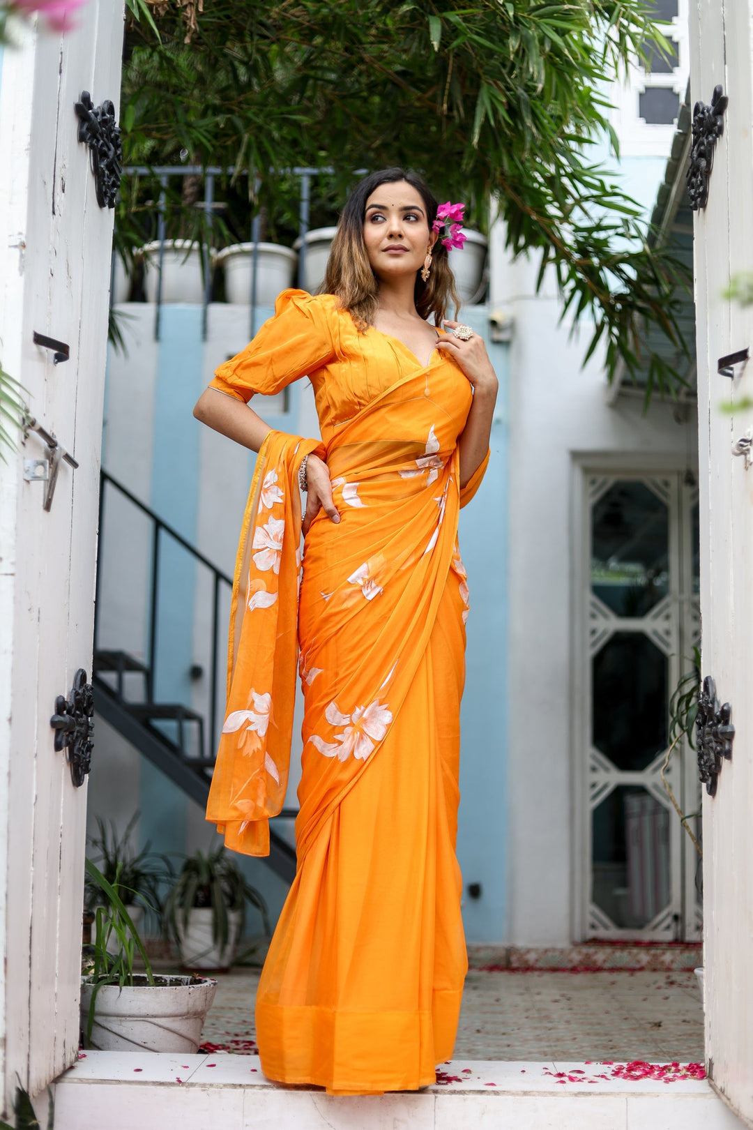 Sunshine Orange Chiffon Saree with White Floral Print | Lightweight Designer Saree with Blouse Piece
