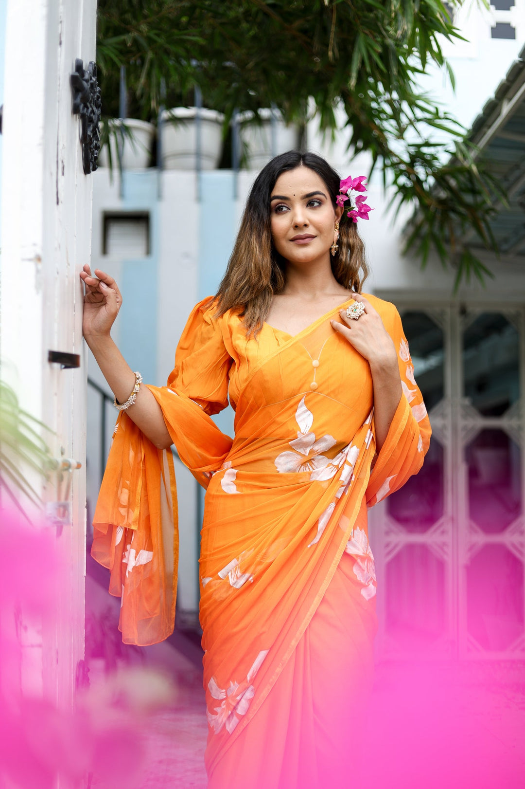 Sunshine Orange Chiffon Saree with White Floral Print | Lightweight Designer Saree with Blouse Piece