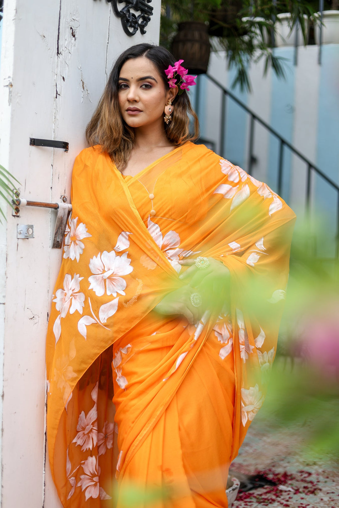 Sunshine Orange Chiffon Saree with White Floral Print | Lightweight Designer Saree with Blouse Piece