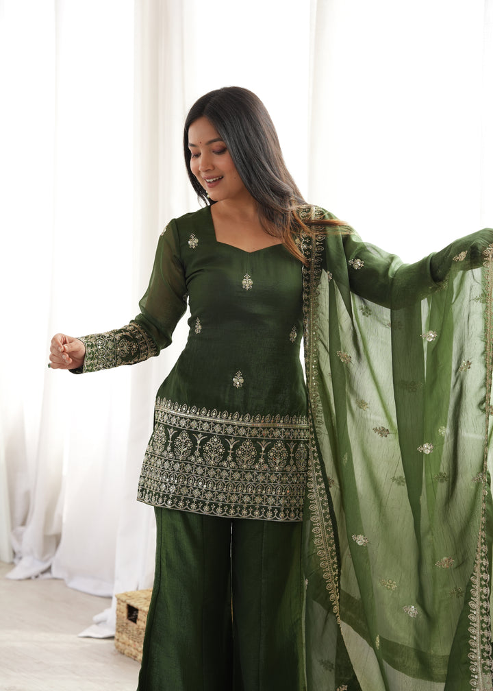 Emerald Green Crunchy Silk Embroidered Kurta Set with Bell Bottom Pants & Embellished Dupatta
