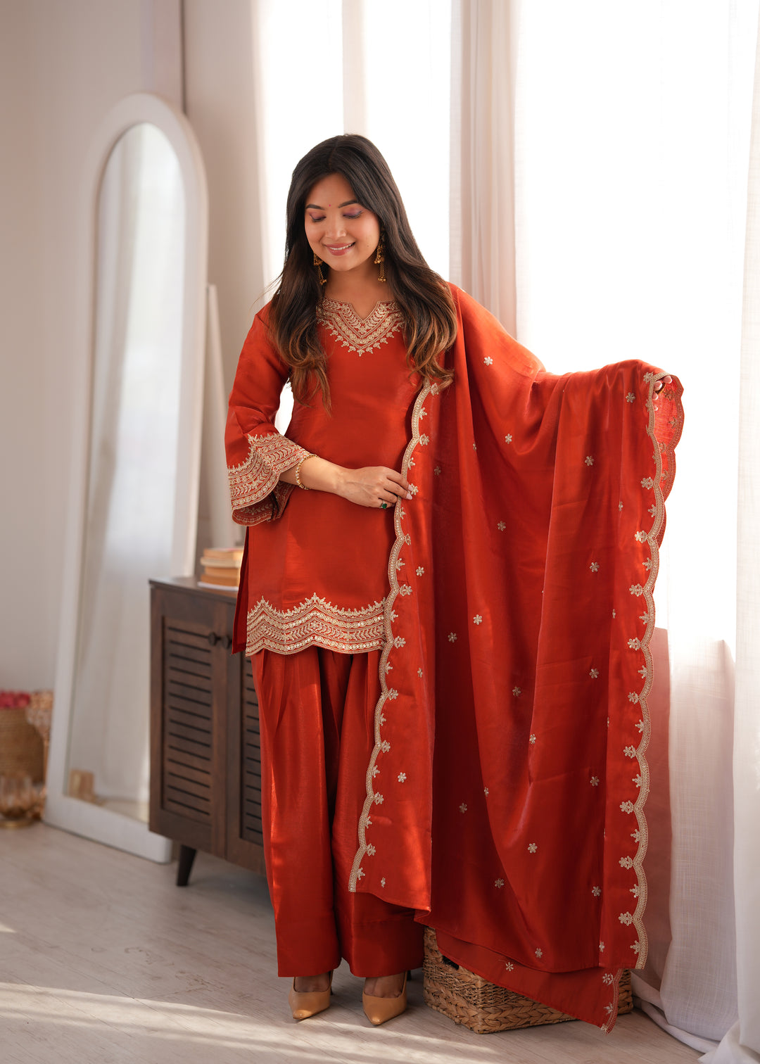 Rust Orange Glass Roman Silk Embroidered Kurta Set with Farshi Shalwar & Designer Dupatta
