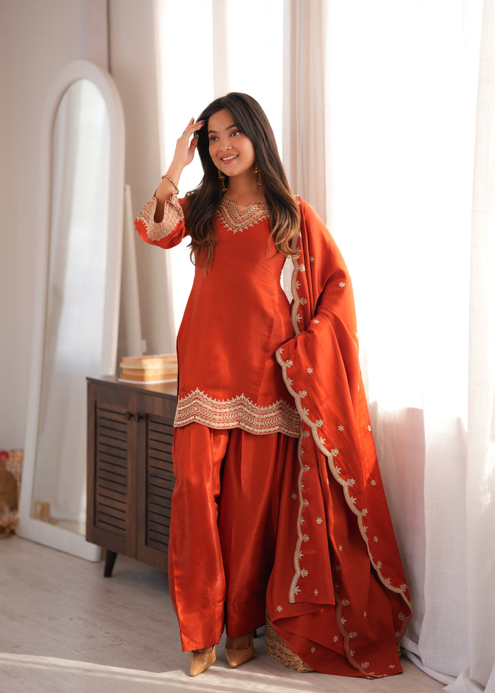 Rust Orange Glass Roman Silk Embroidered Kurta Set with Farshi Shalwar & Designer Dupatta