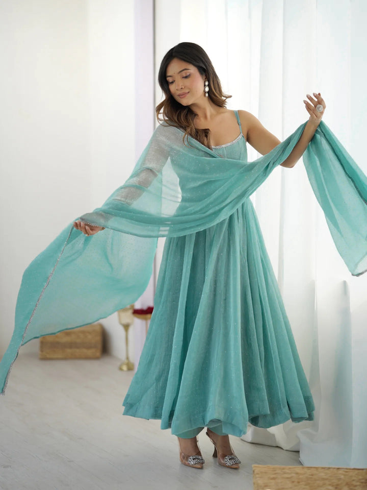 Aqua Blue Crunchy Silk Flared Anarkali Suit Set with Swarovski Work & Designer Dupatta