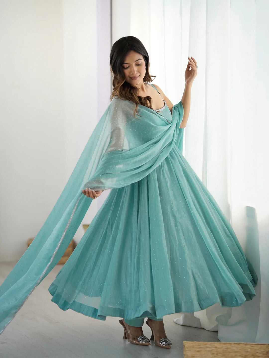 Aqua Blue Crunchy Silk Flared Anarkali Suit Set with Swarovski Work & Designer Dupatta