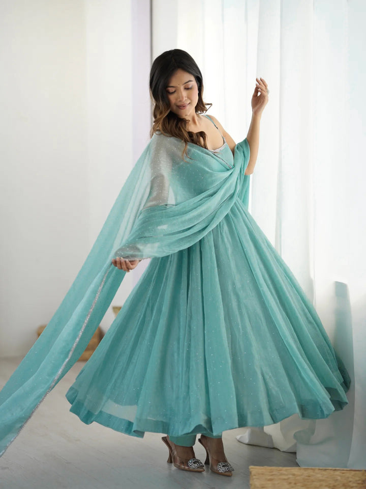 Aqua Blue Crunchy Silk Flared Anarkali Suit Set with Swarovski Work & Designer Dupatta