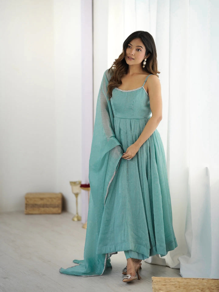 Aqua Blue Crunchy Silk Flared Anarkali Suit Set with Swarovski Work & Designer Dupatta