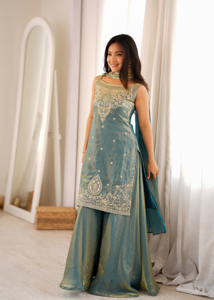Dusty Teal Pure Soft Fendy Silk Embroidered Kurta Sharara Set with Designer Dupatta