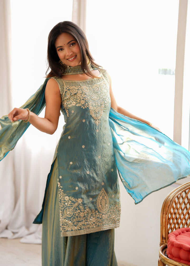 Dusty Teal Pure Soft Fendy Silk Embroidered Kurta Sharara Set with Designer Dupatta