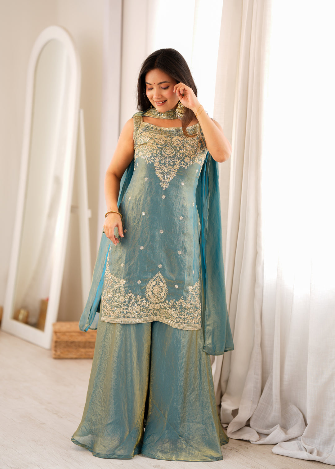 Dusty Teal Pure Soft Fendy Silk Embroidered Kurta Sharara Set with Designer Dupatta