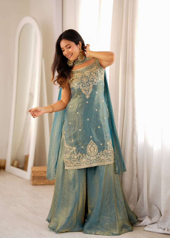 Dusty Teal Pure Soft Fendy Silk Embroidered Kurta Sharara Set with Designer Dupatta