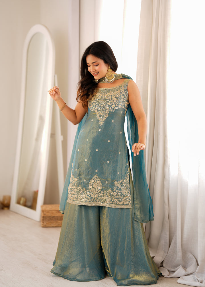 Dusty Teal Pure Soft Fendy Silk Embroidered Kurta Sharara Set with Designer Dupatta