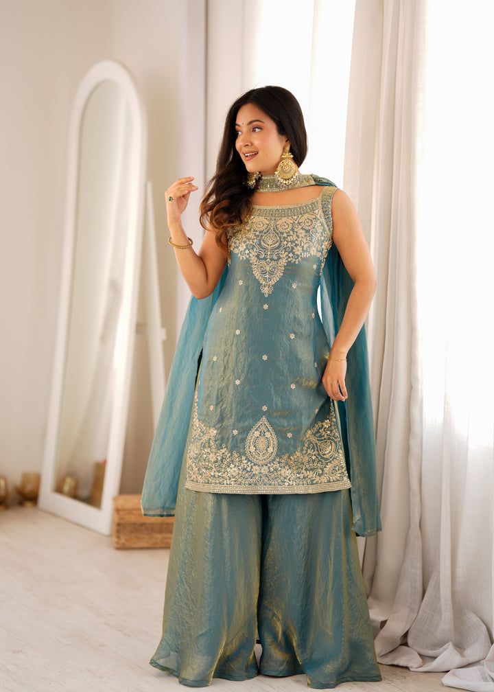 Dusty Teal Pure Soft Fendy Silk Embroidered Kurta Sharara Set with Designer Dupatta