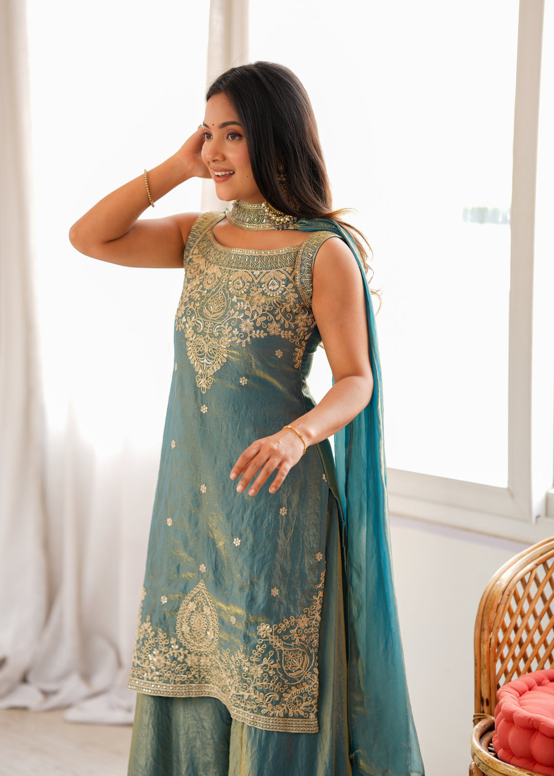 Dusty Teal Pure Soft Fendy Silk Embroidered Kurta Sharara Set with Designer Dupatta