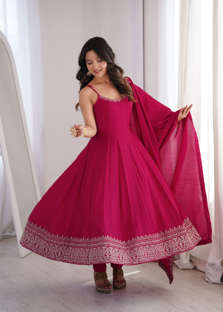 Rani Pink Roman Silk Chanderi Flared Anarkali Suit Set with Designer Dupatta