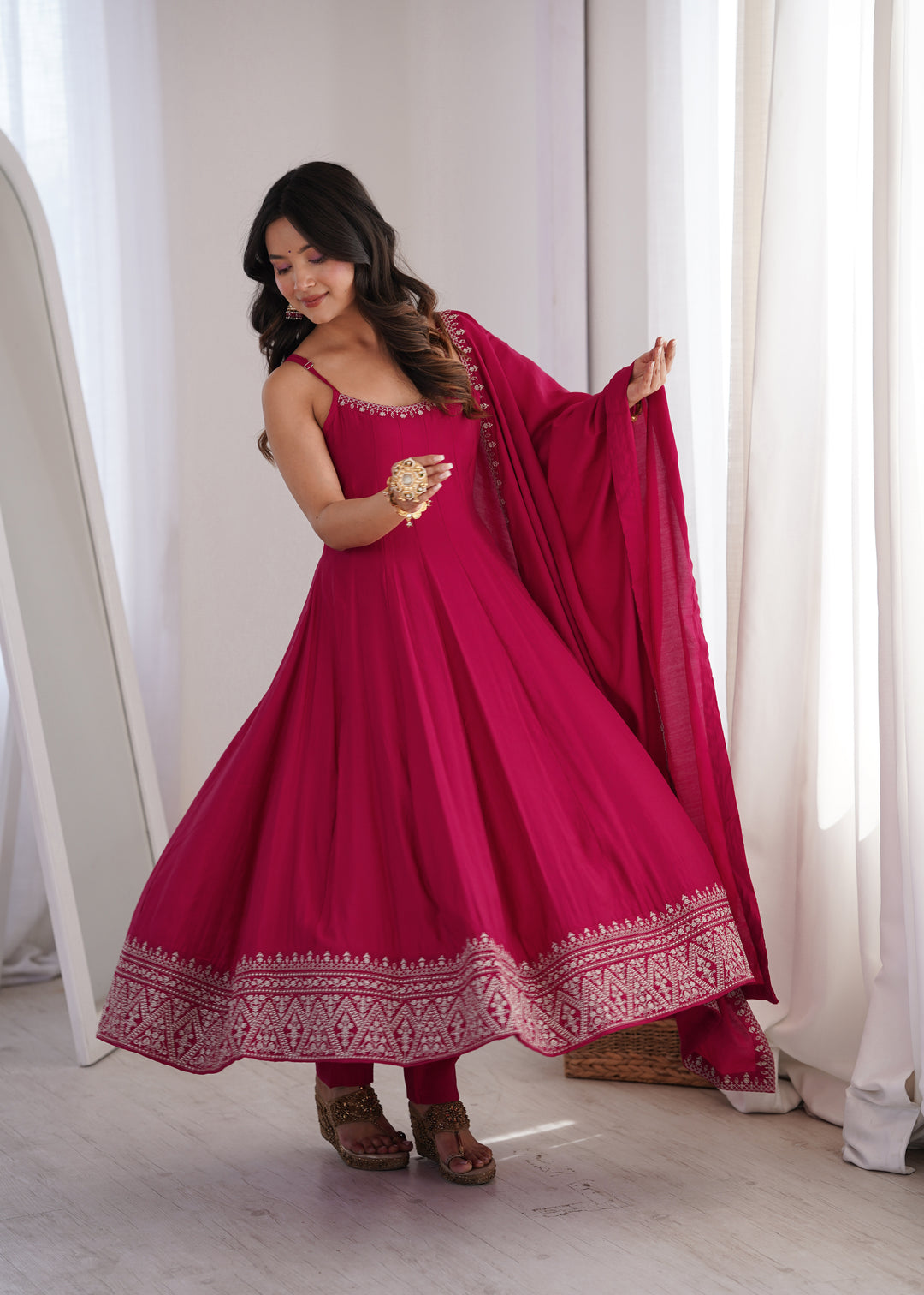 Rani Pink Roman Silk Chanderi Flared Anarkali Suit Set with Designer Dupatta