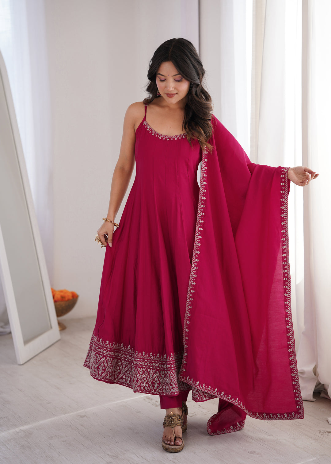 Rani Pink Roman Silk Chanderi Flared Anarkali Suit Set with Designer Dupatta