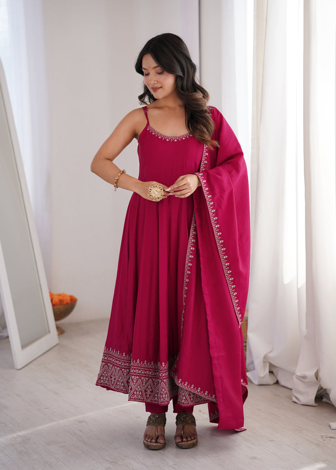 Rani Pink Roman Silk Chanderi Flared Anarkali Suit Set with Designer Dupatta