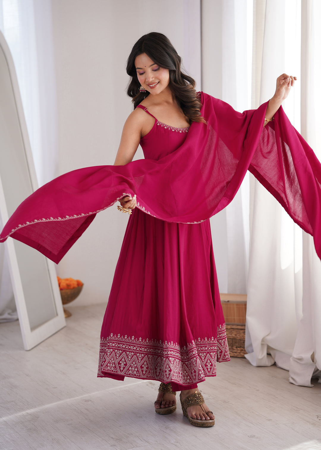 Rani Pink Roman Silk Chanderi Flared Anarkali Suit Set with Designer Dupatta