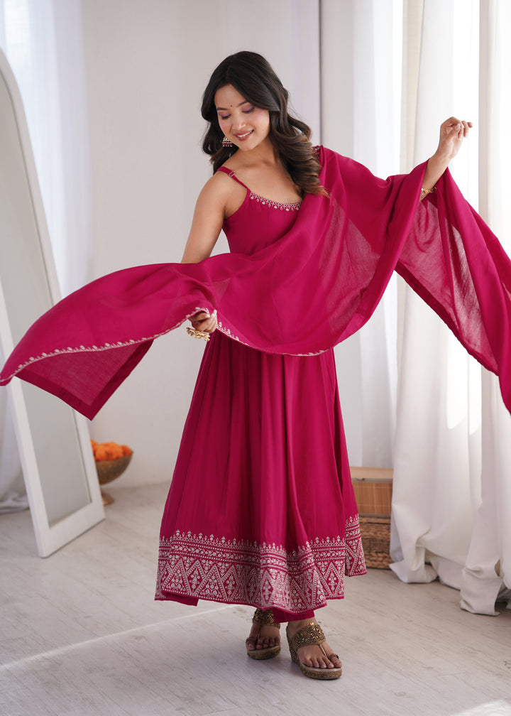 Rani Pink Roman Silk Chanderi Flared Anarkali Suit Set with Designer Dupatta