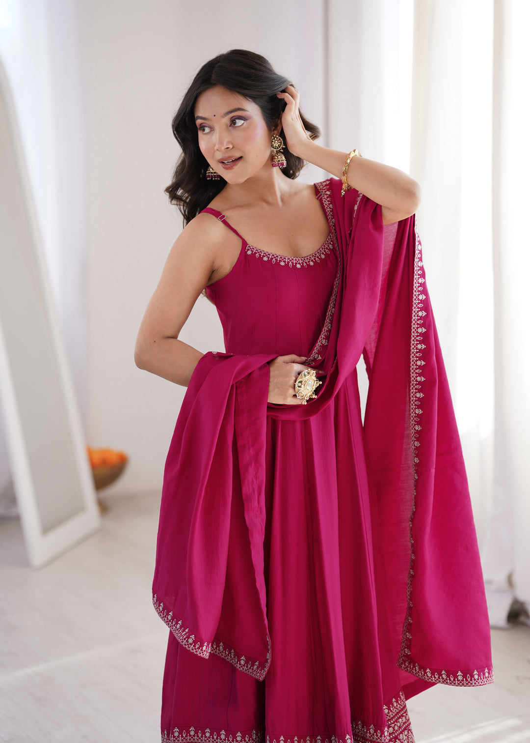 Rani Pink Roman Silk Chanderi Flared Anarkali Suit Set with Designer Dupatta