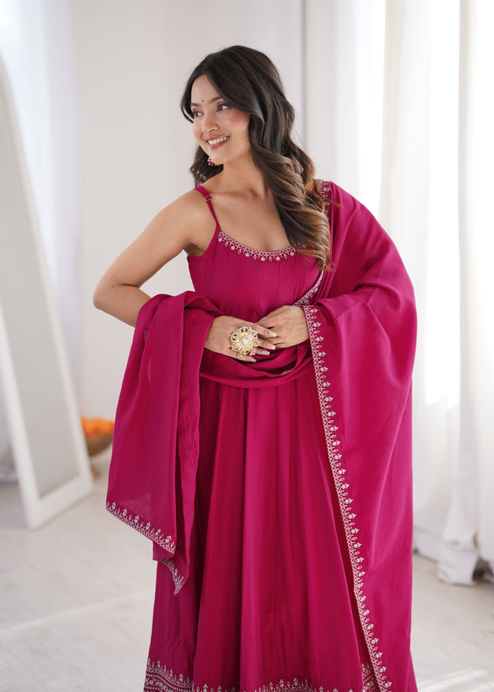 Rani Pink Roman Silk Chanderi Flared Anarkali Suit Set with Designer Dupatta
