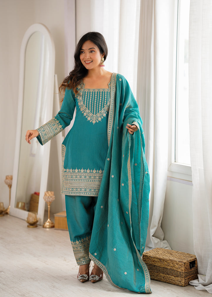 Turquoise Blue NC Vichitra Silk Embroidered Kurta Set with Farshi Shalwar & Designer Dupatta