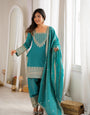 Turquoise Blue NC Vichitra Silk Embroidered Kurta Set with Farshi Shalwar & Designer Dupatta