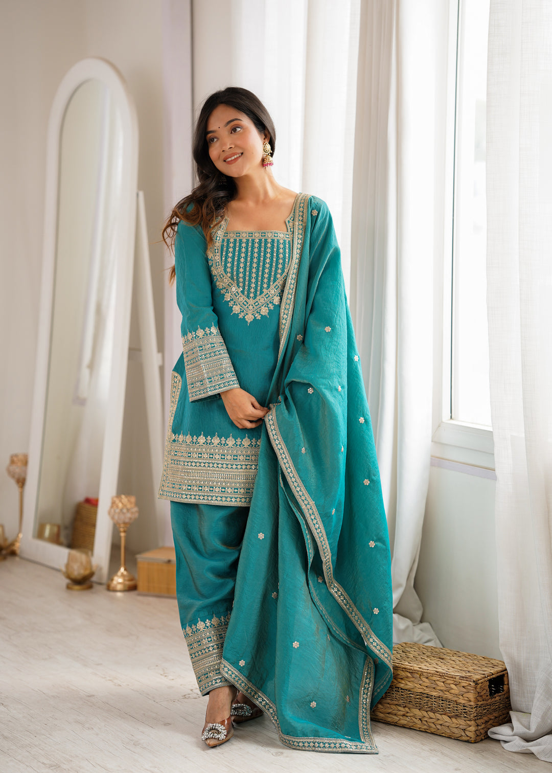 Turquoise Blue NC Vichitra Silk Embroidered Kurta Set with Farshi Shalwar & Designer Dupatta