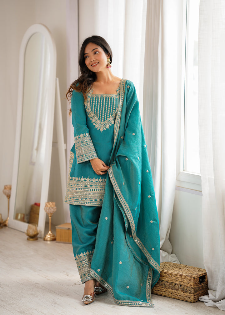 Turquoise Blue NC Vichitra Silk Embroidered Kurta Set with Farshi Shalwar & Designer Dupatta