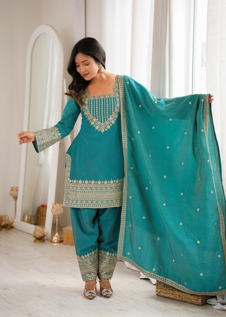 Turquoise Blue NC Vichitra Silk Embroidered Kurta Set with Farshi Shalwar & Designer Dupatta