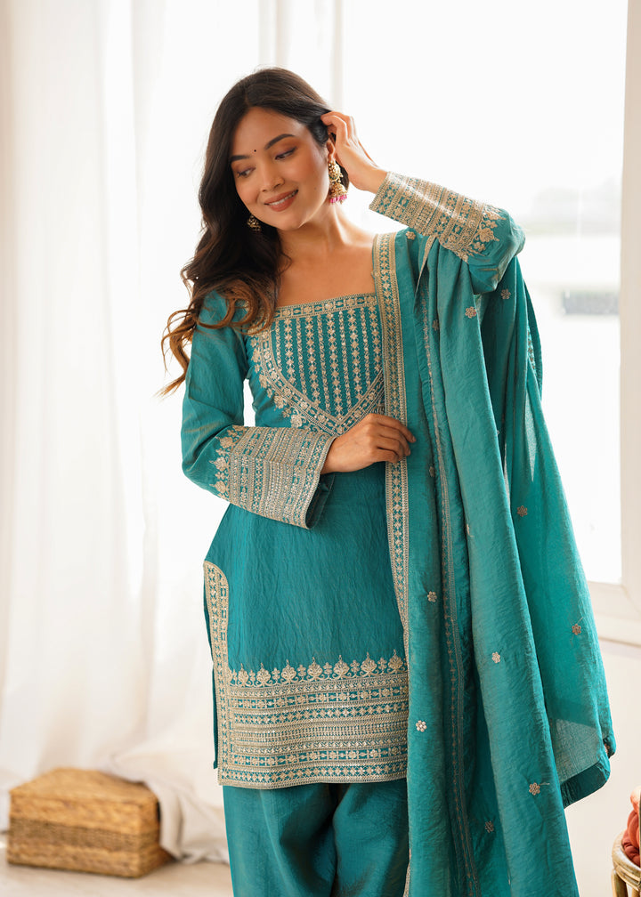 Turquoise Blue NC Vichitra Silk Embroidered Kurta Set with Farshi Shalwar & Designer Dupatta