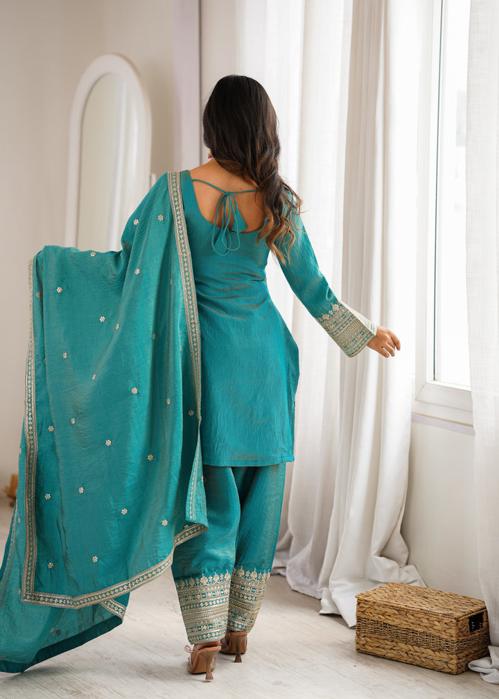 Turquoise Blue NC Vichitra Silk Embroidered Kurta Set with Farshi Shalwar & Designer Dupatta