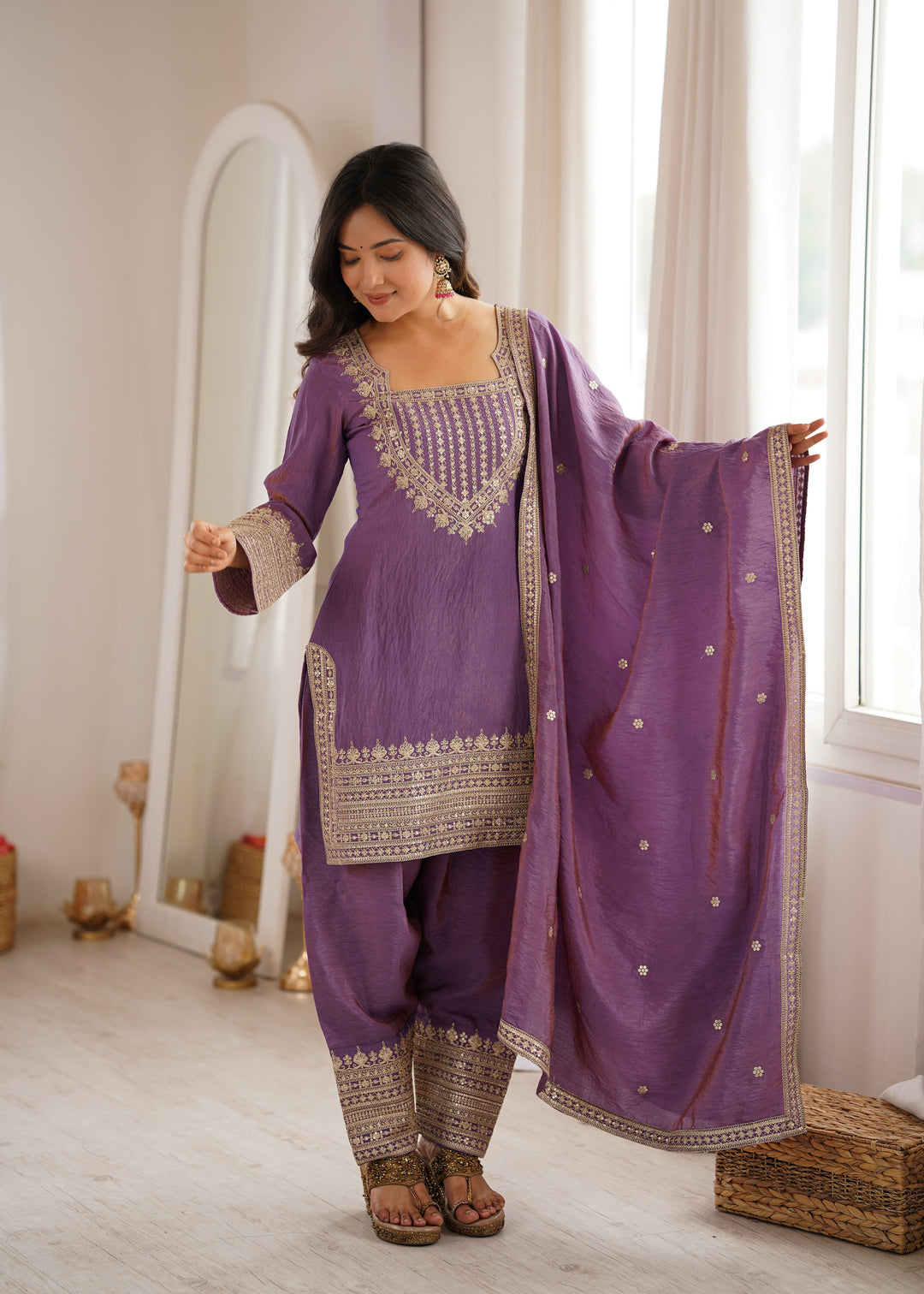 Lavender NC Vichitra Silk Embroidered Kurta Set with Farshi Shalwar & Designer Dupatta