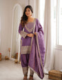 Lavender NC Vichitra Silk Embroidered Kurta Set with Farshi Shalwar & Designer Dupatta