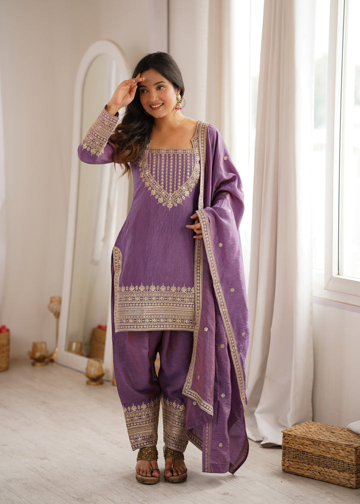 Lavender NC Vichitra Silk Embroidered Kurta Set with Farshi Shalwar & Designer Dupatta