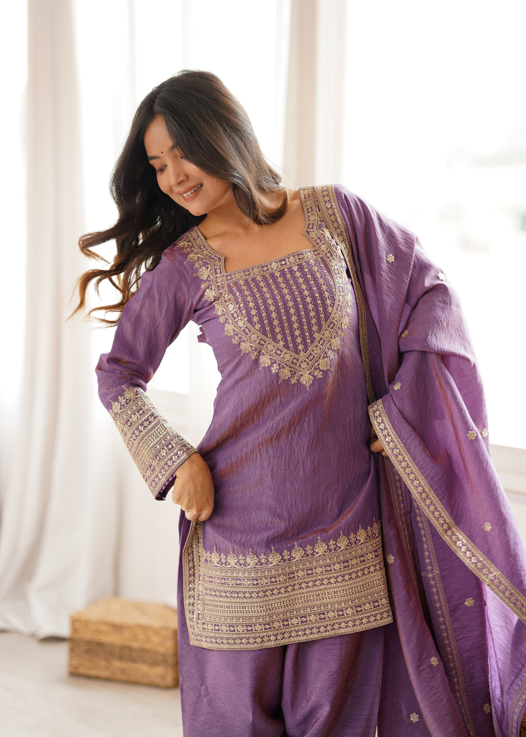 Lavender NC Vichitra Silk Embroidered Kurta Set with Farshi Shalwar & Designer Dupatta