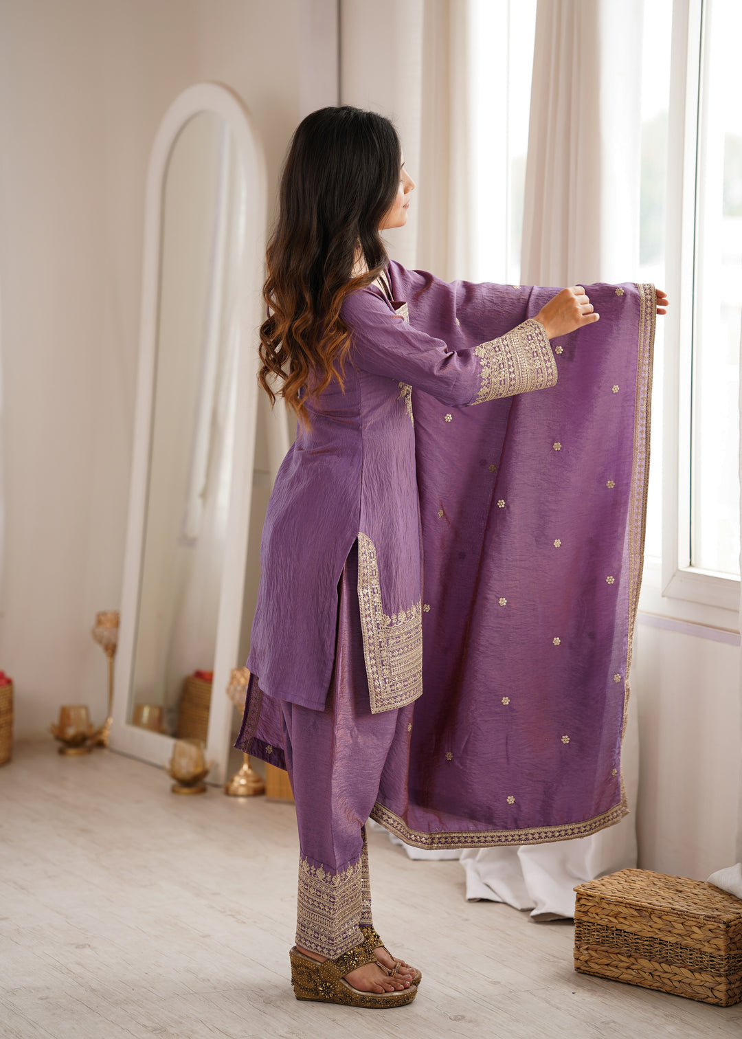 Lavender NC Vichitra Silk Embroidered Kurta Set with Farshi Shalwar & Designer Dupatta