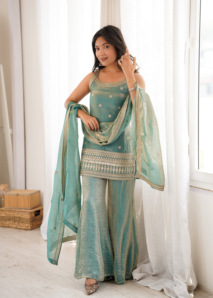Sea Green Fendy Silk Embroidered Kurta Set with Bell Bottom Pants & Designer Dupatta