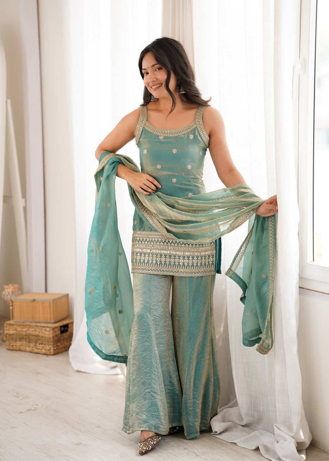 Sea Green Fendy Silk Embroidered Kurta Set with Bell Bottom Pants & Designer Dupatta