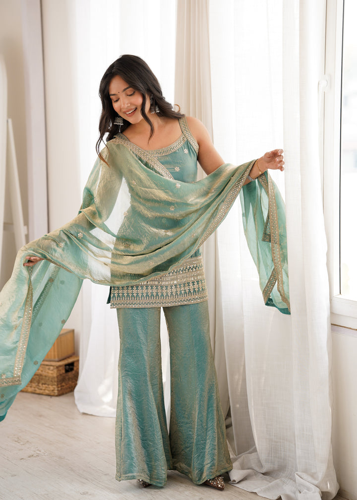 Sea Green Fendy Silk Embroidered Kurta Set with Bell Bottom Pants & Designer Dupatta