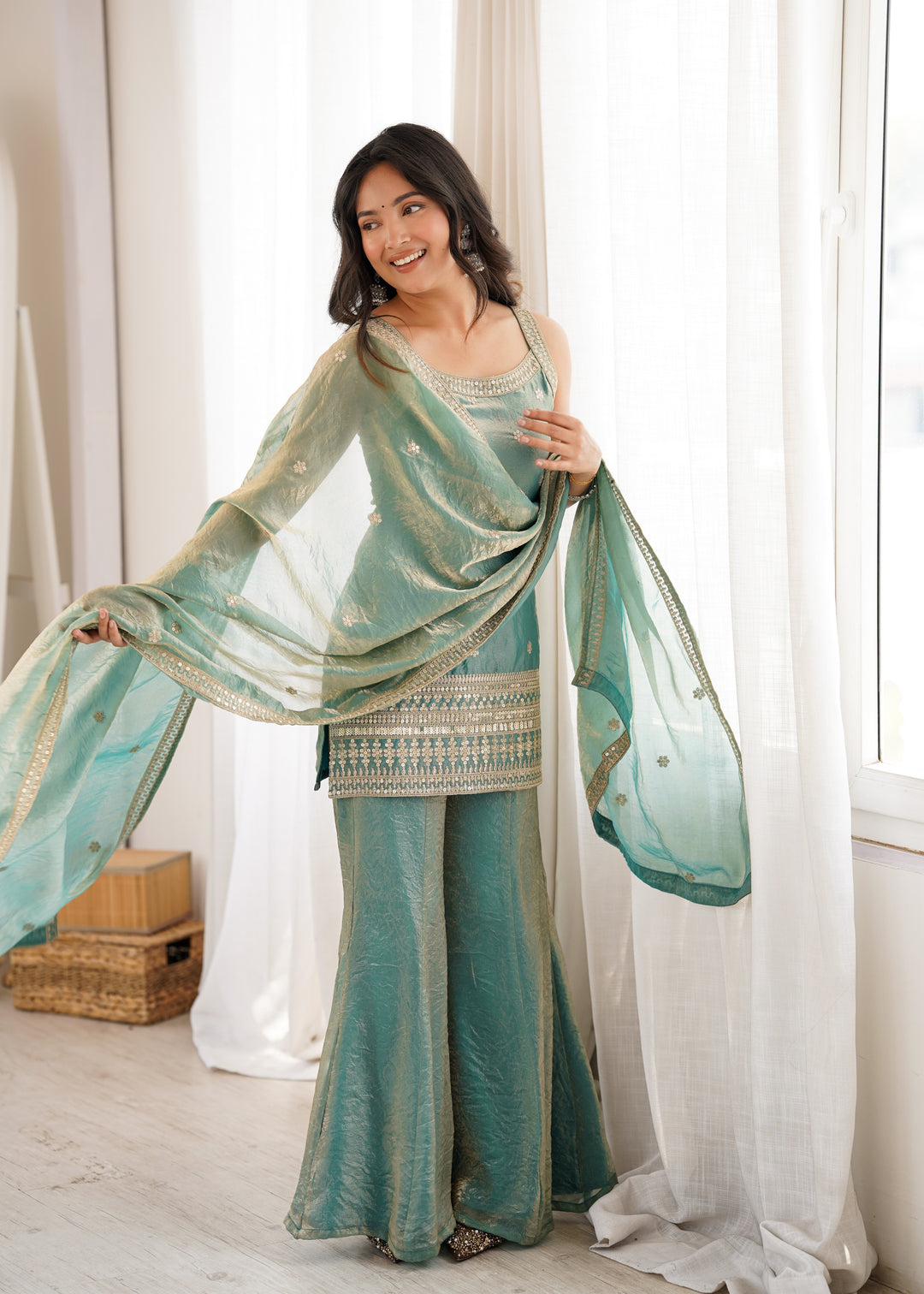 Sea Green Fendy Silk Embroidered Kurta Set with Bell Bottom Pants & Designer Dupatta