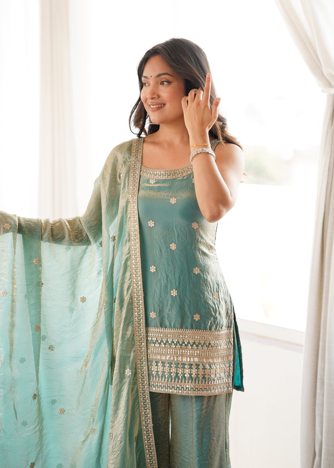Sea Green Fendy Silk Embroidered Kurta Set with Bell Bottom Pants & Designer Dupatta