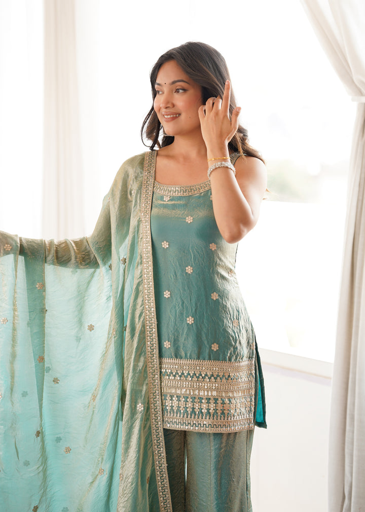 Sea Green Fendy Silk Embroidered Kurta Set with Bell Bottom Pants & Designer Dupatta