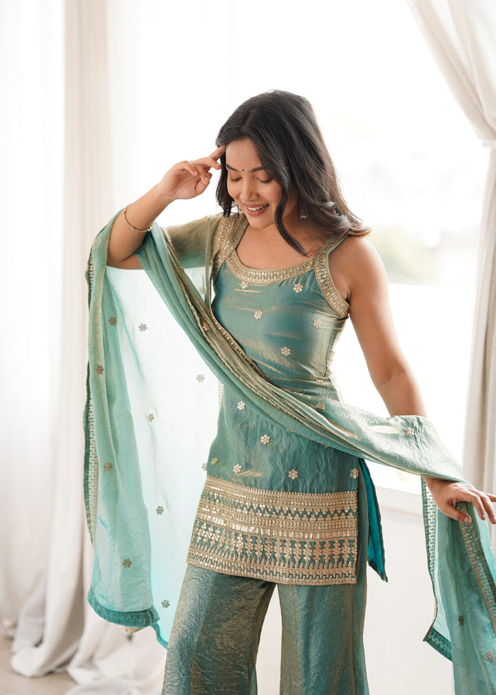 Sea Green Fendy Silk Embroidered Kurta Set with Bell Bottom Pants & Designer Dupatta