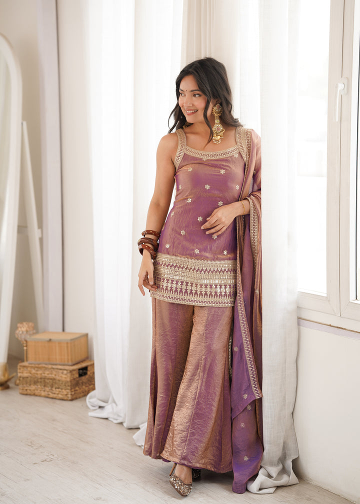 Dual Tone Mauve Fendy Silk Embroidered Kurta Set with Bell Bottom Pants & Designer Dupatta
