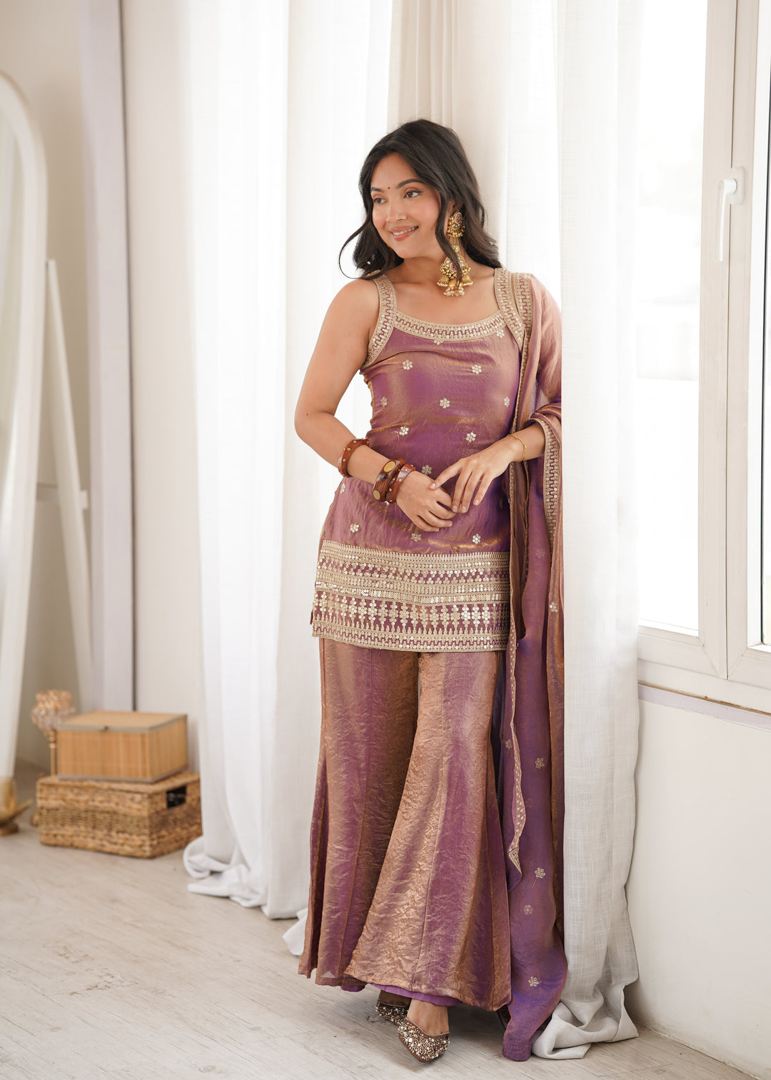 Dual Tone Mauve Fendy Silk Embroidered Kurta Set with Bell Bottom Pants & Designer Dupatta