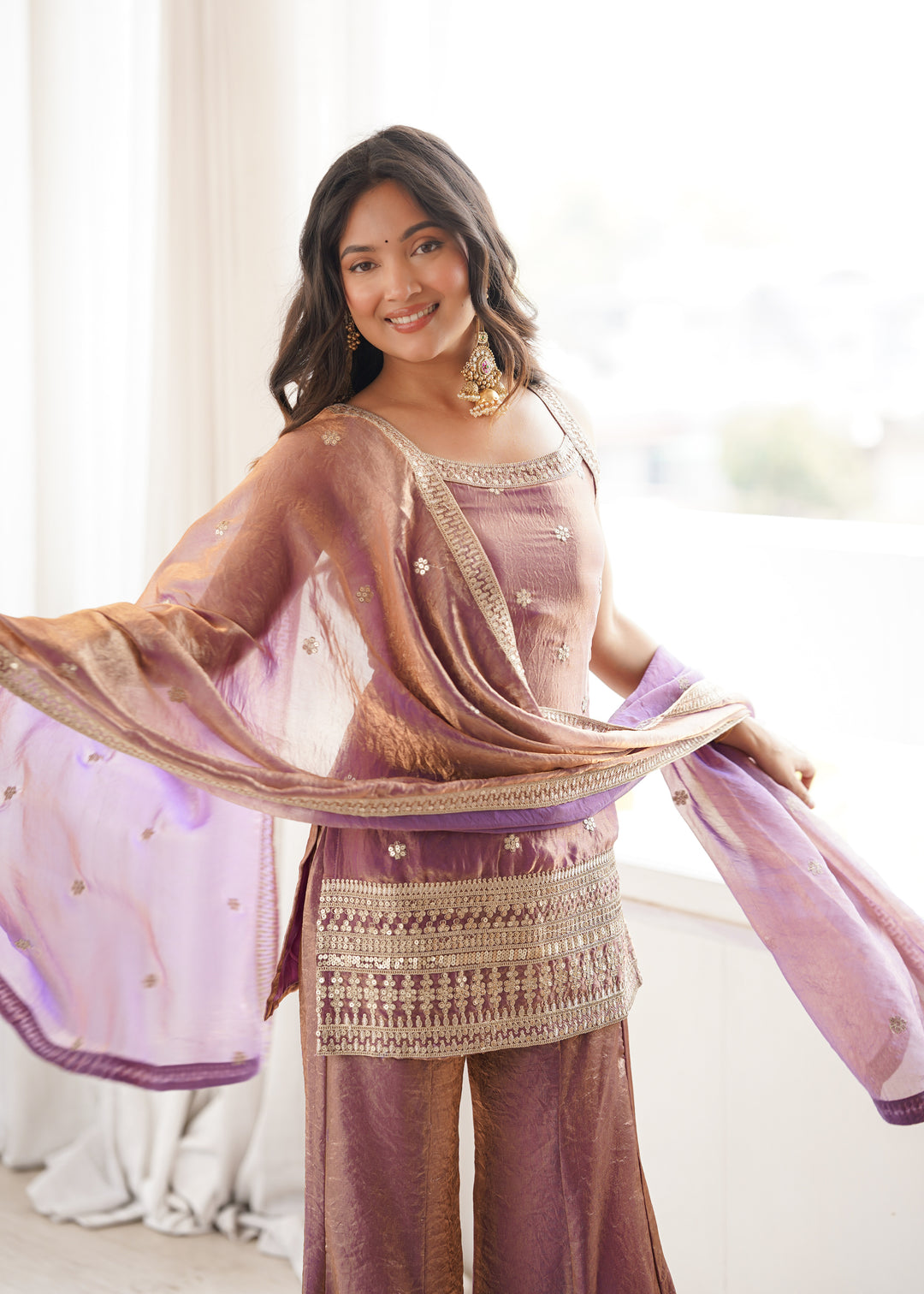 Dual Tone Mauve Fendy Silk Embroidered Kurta Set with Bell Bottom Pants & Designer Dupatta