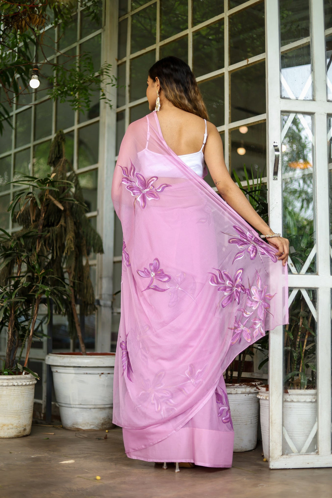 Blush Pink Chiffon Saree with Purple Floral Print | Lightweight Designer Saree with Blouse Piece