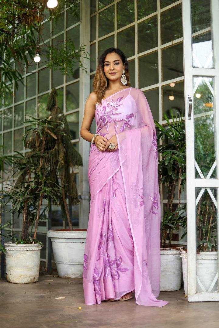 Blush Pink Chiffon Saree with Purple Floral Print | Lightweight Designer Saree with Blouse Piece